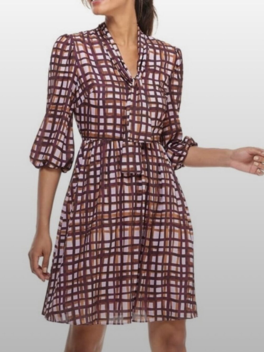 NWT Gal Meets Glam “Lindsey” Windowpane Print Tie Neck Dress - 14